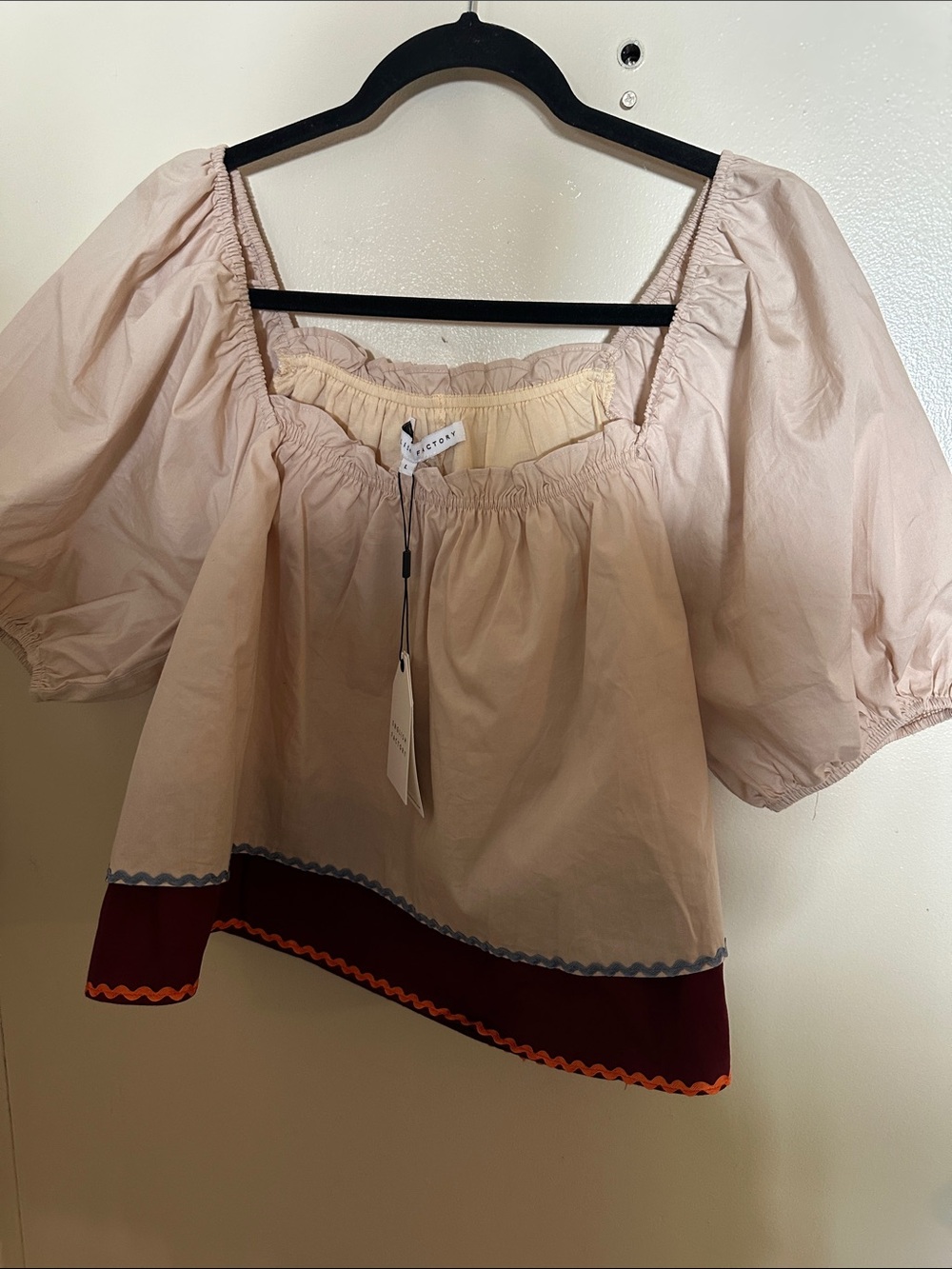 NWTEnglish Factory Beige Burgundy Puff Sleeve Square Neck Ruffle Cotton Blouse L